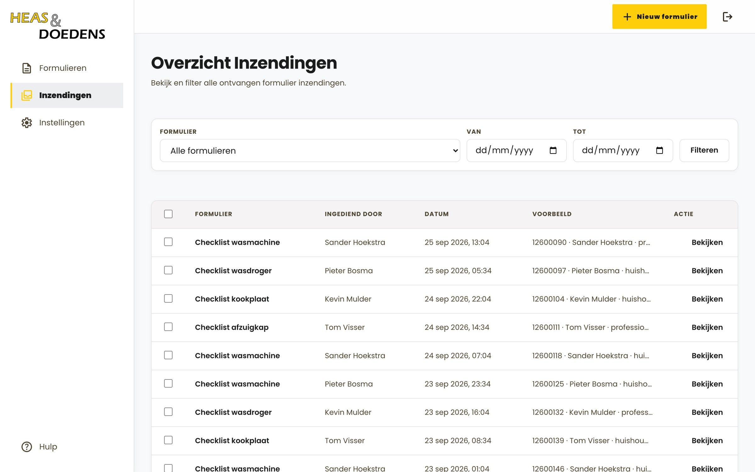ServicePortal: Inzendingen, te filteren en te exporteren